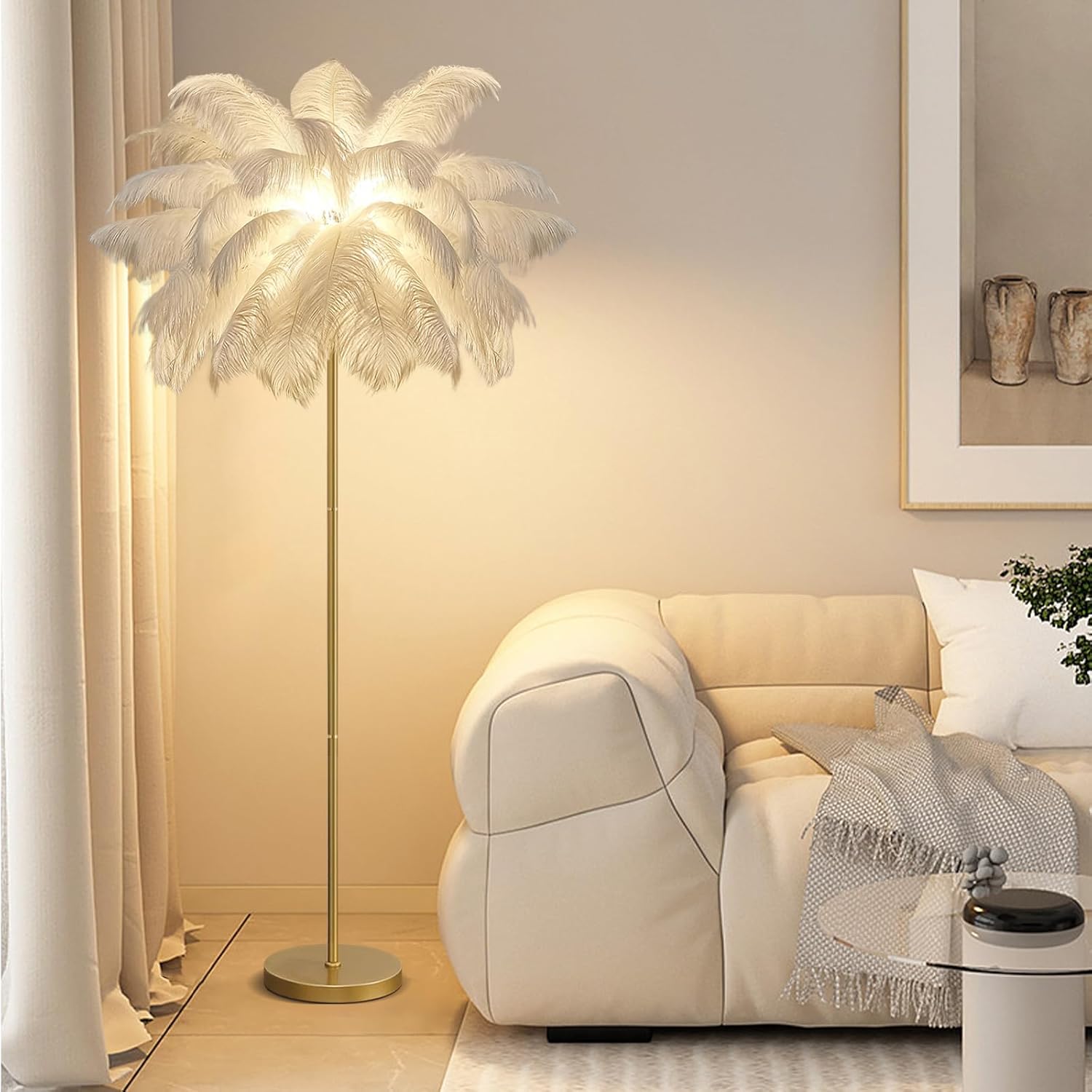 Federlampe Stehlampe Wohnzimmer, Feder Stehlampe Gold mit 3-Farbig Dimmbarem,160cm Stehlampe Federn Moderne mit Fußschalter, Kreative Studie Schlafzimmer Feder Lampe Stehleuchte (White)