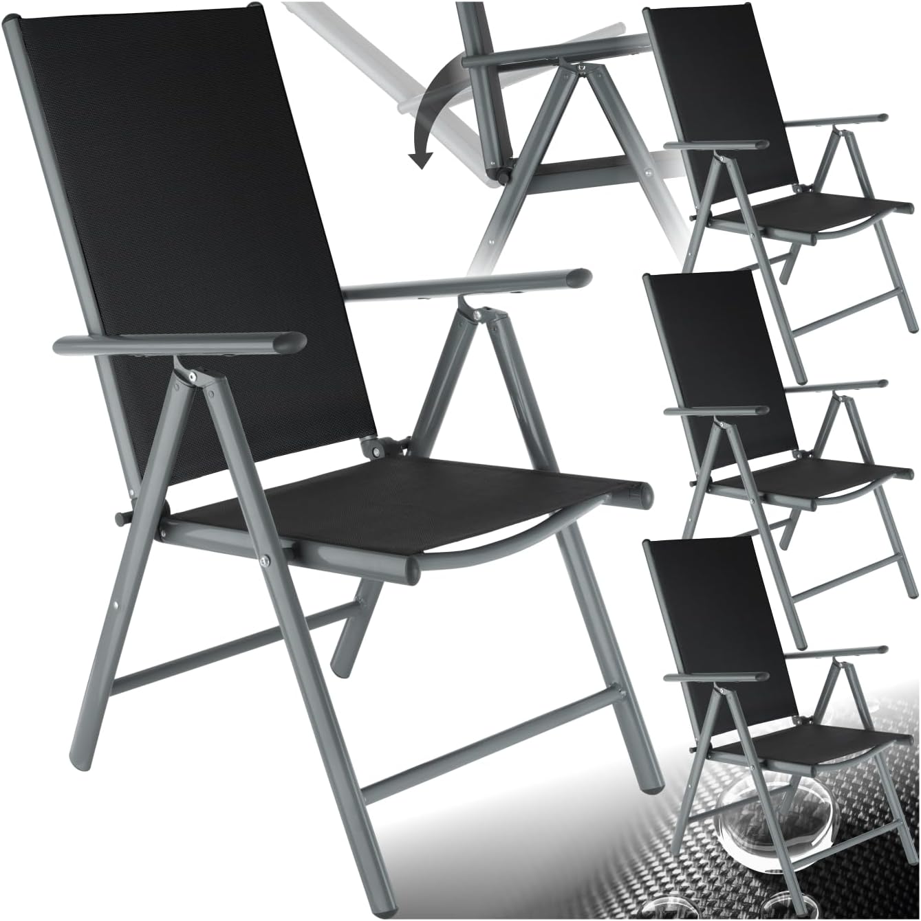 tectake® Aluminium Gartenstuhl 4er Set, Klappstuhl mit 7-Fach Verstellbarer Rückenlehne, Hochlehner mit Armlehnen, Gartenmöbel Set mit 4 Stühlen, für Garten Balkon Terrasse Camping, anthrazit