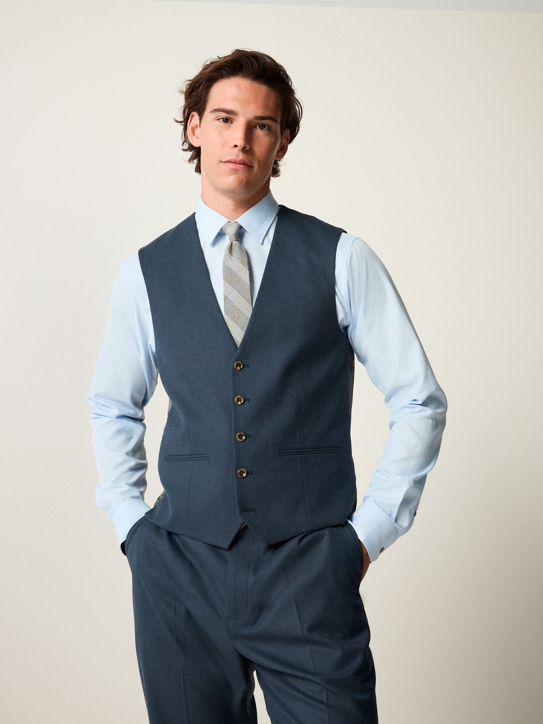Blauw - Slim Fit Textured Flannel Suit Waistcoat