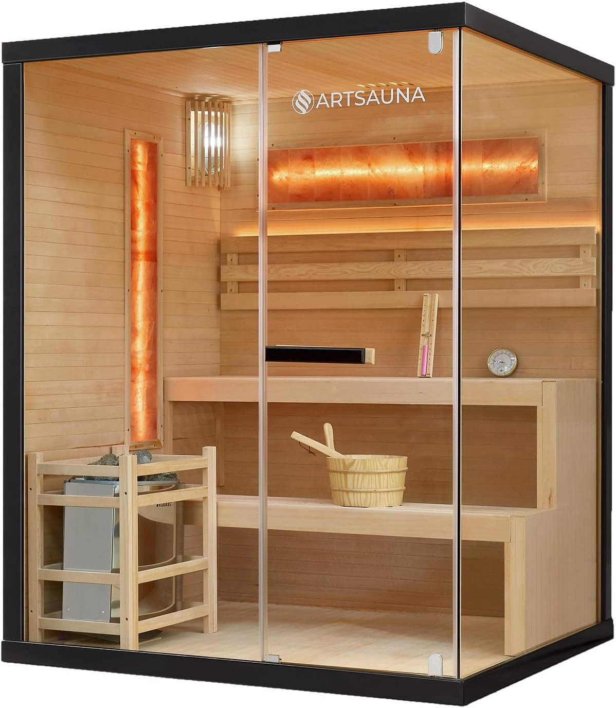 Artsauna Saunakabine Vantaa 150 mit Salzstein - Indoor Sauna 3 Personen - 4,5 kW Ofen, Glasfront, LED Licht, Thermometer & Sanduhr - Komplett Set