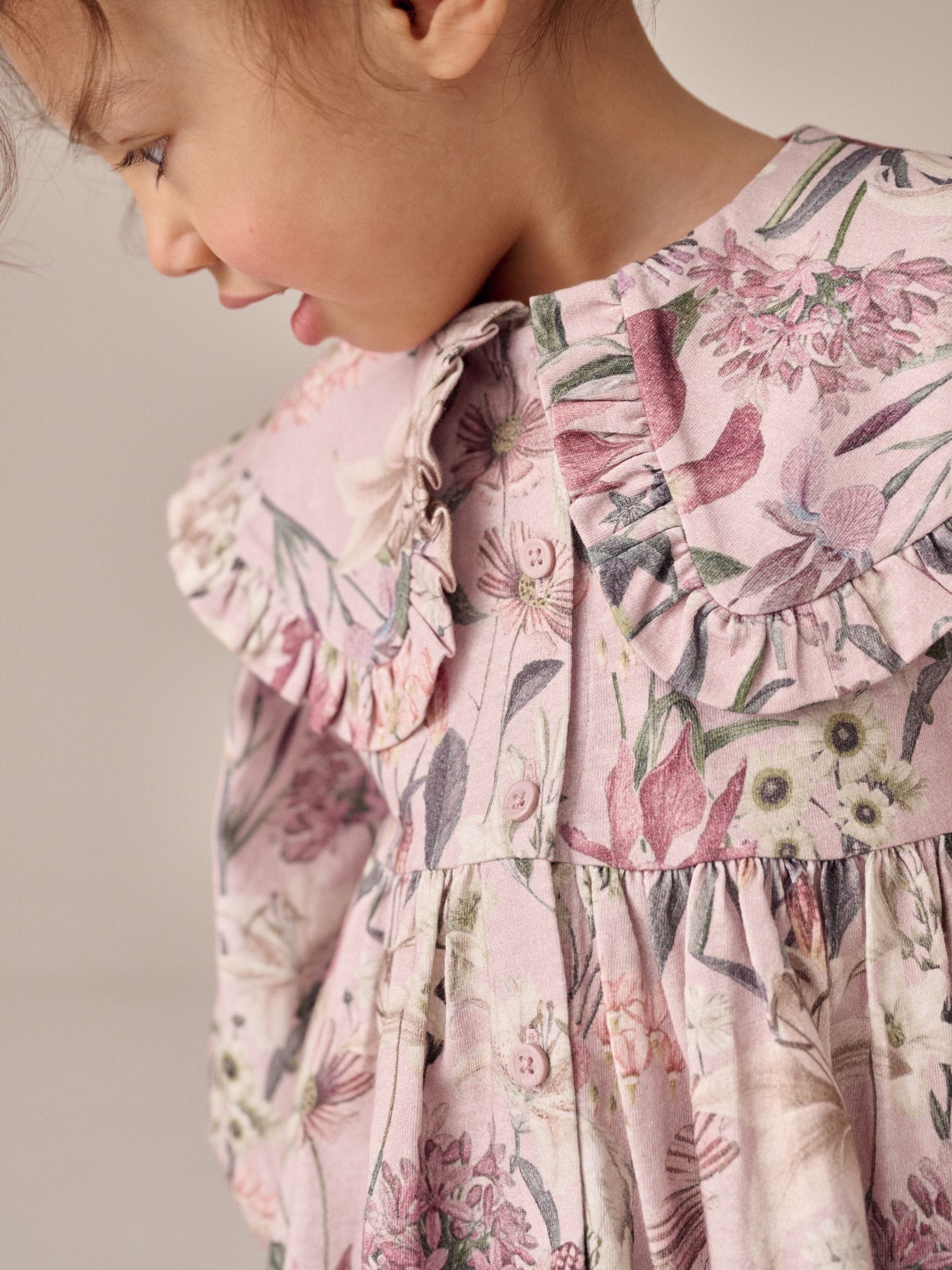 Roze met bloemenprint - Jurk met lange mouwen en kraag (3mnd-7jr)