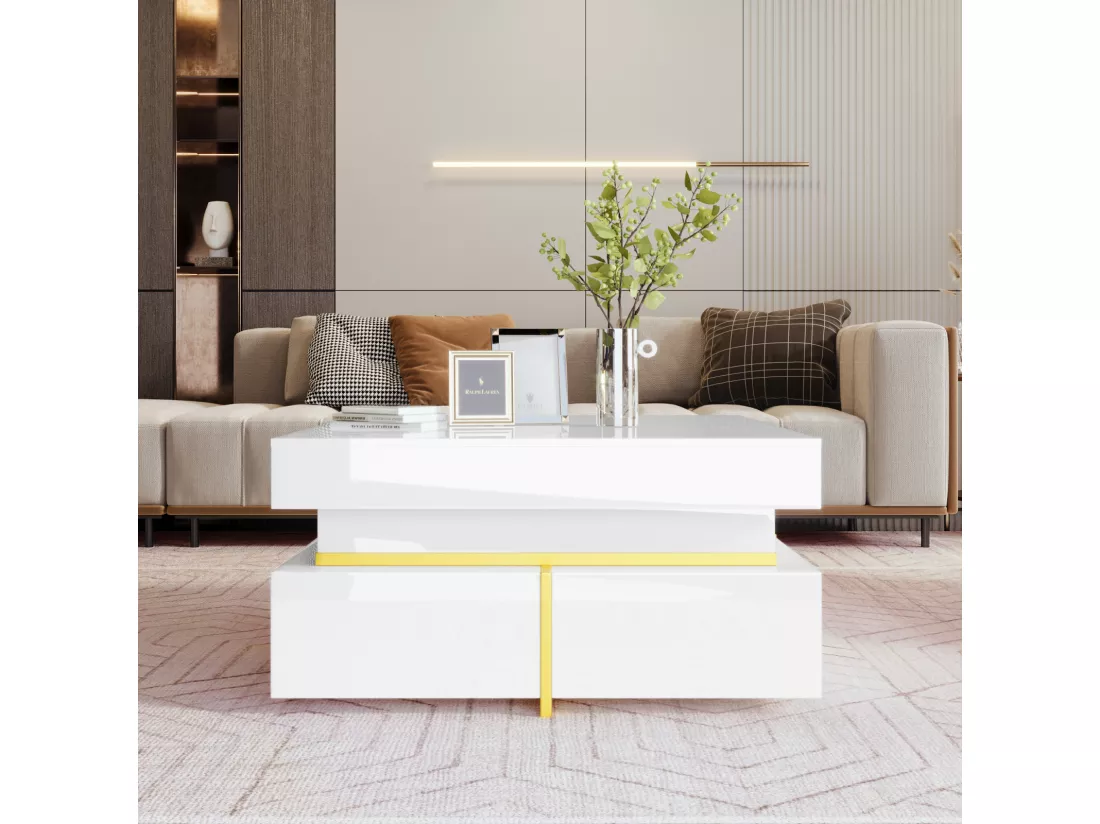 Table basse 70x70cmx35.5, table carré haute brillance avec tiroirs et accents dorés, blanc