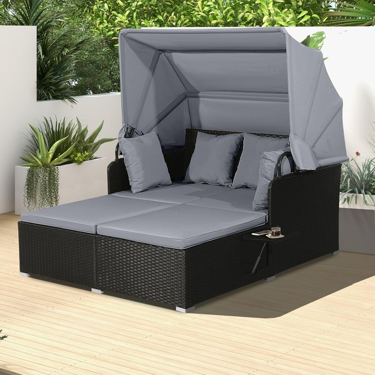 Chaise Longue à 2 Places en Rotin avec Auvent Rétractable Bain de Soleil avec Panneaux Latéraux Pliables Charge 360KG Beige/Gris - Lidl-Manfred