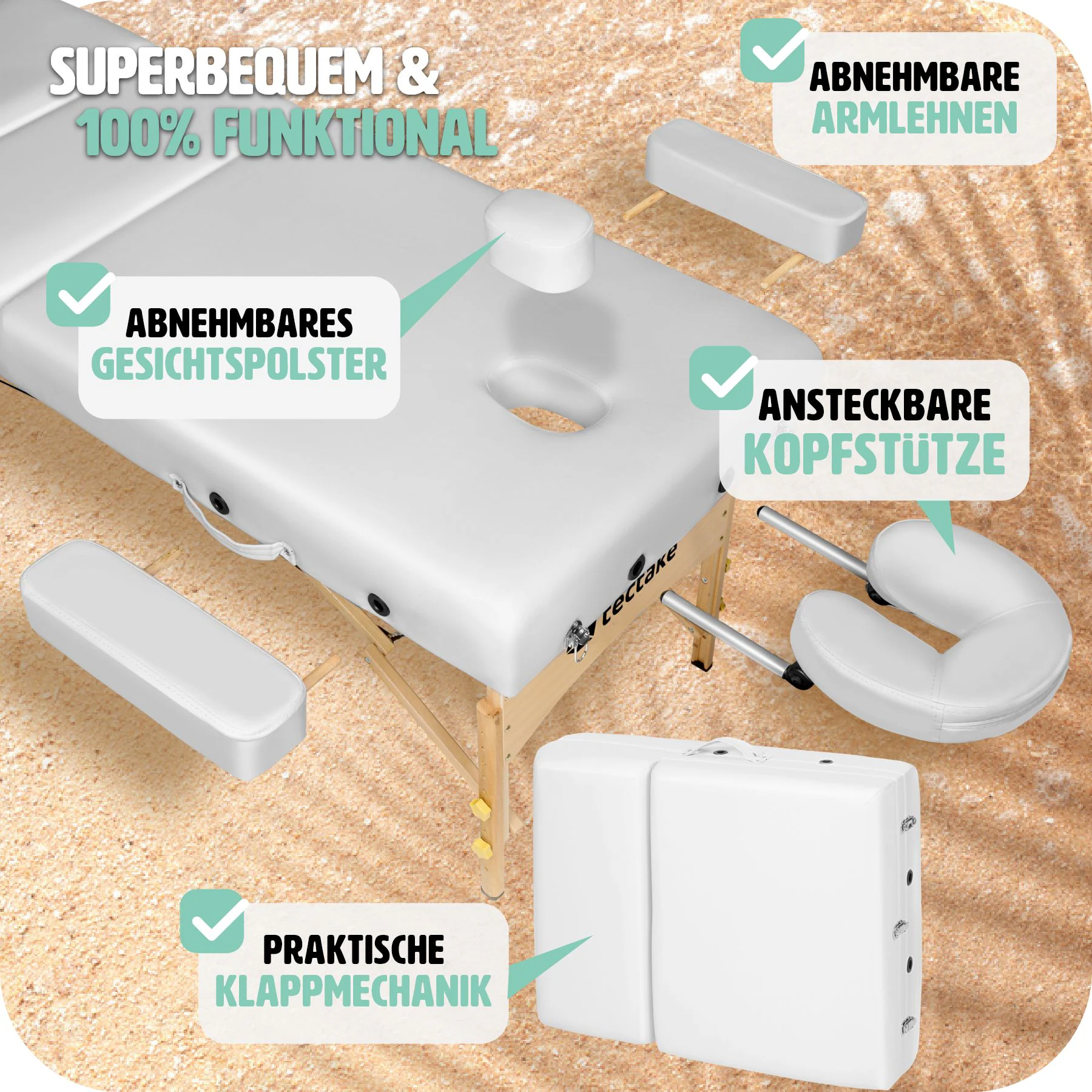 tectake® 3 Zonen Massageliege, Polsterung 10 cm, mit Holzgestell, verstellbare Ablagen für Kopf und Arme, 218 x 102 x 65 - 90 cm