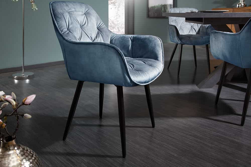Design Stuhl MILANO petrol Samt mit Armlehne Ziersteppung gepolstert schwarze Metallbeine