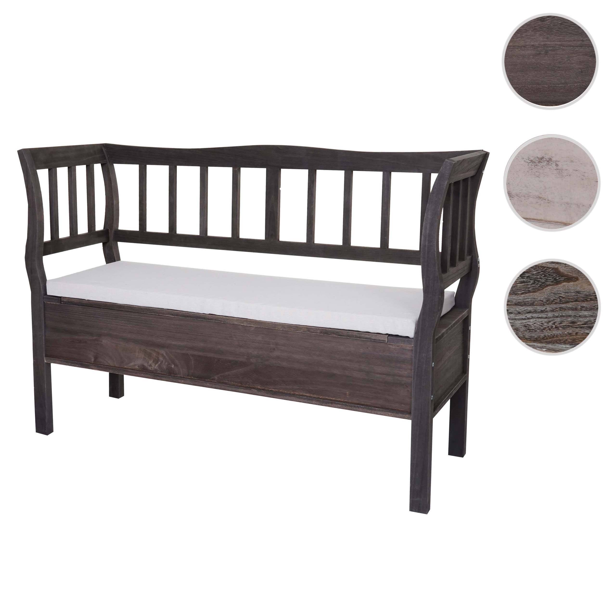 Sitzbank H207, Bank Truhenbank Holzbank Aufbewahrungstruhe, Staufach Kissen Holz 119cm ~ grau-braun, shabby