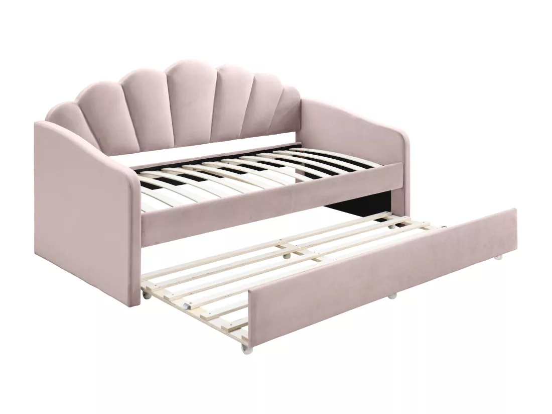 Lit gigogne coquillage 2 x 90 x 190 cm - Velours - Rose + Matelas - ELUSIA