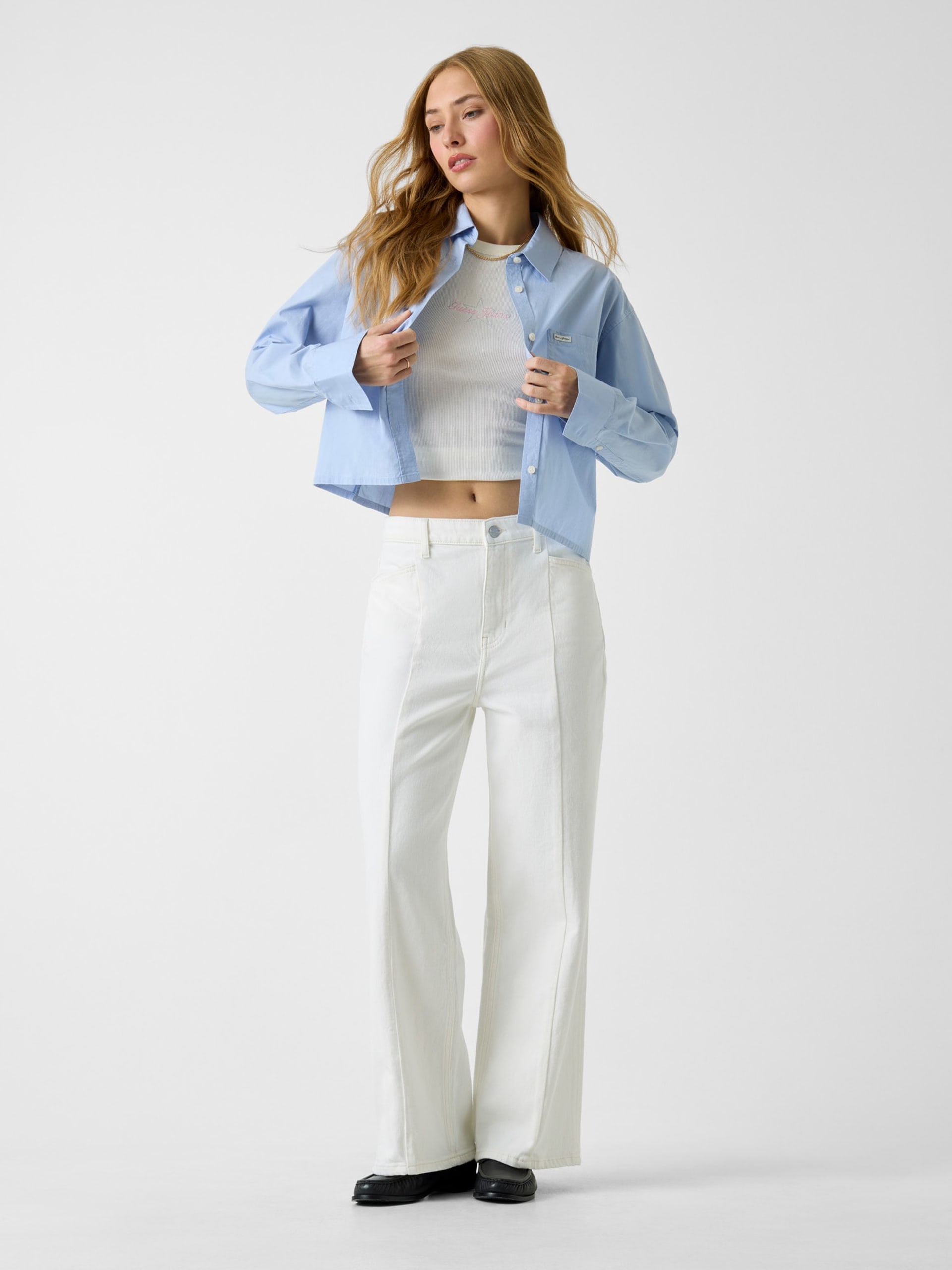 Calça jeans cropped de perna larga com costura G11