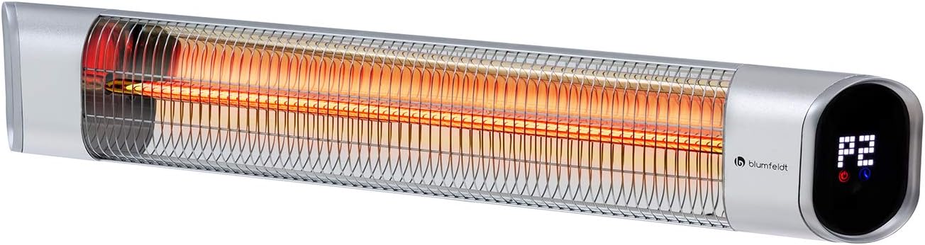 Blumfeldt Dark Wave Infrarotstrahler, Heizstrahler Terrasse, MinimalGlare Heating Tube: Goldbeschichtete Carbonröhre, 9 Heizstufen, Timer, IP65, LED-Display, Deckenheizstrahler mit 2000 W, silber