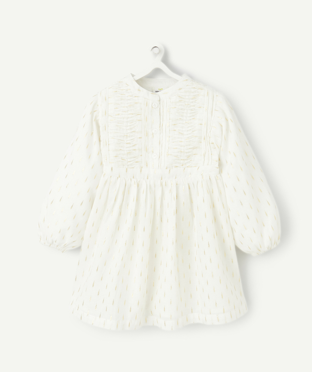ROBE MANCHES LONGUES BÉBÉ FILLE BLANCHE ET DÉTAILS COULEUR DORÉE