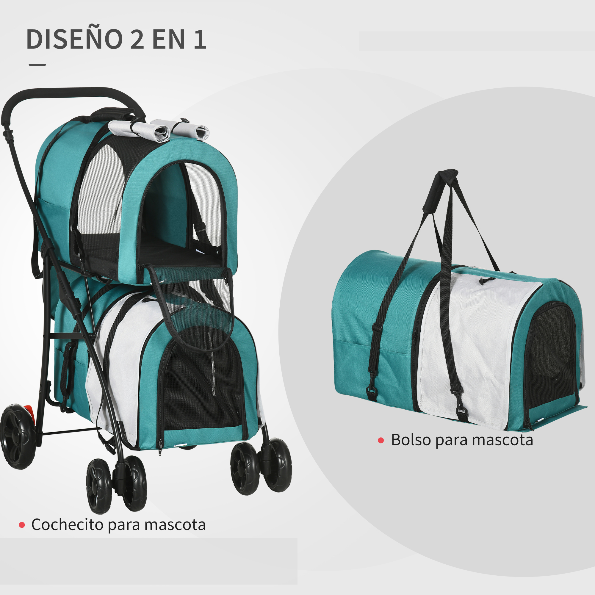 Carrinho duplo PawHut para cães e gatos, dobrável, com 2 compartimentos removíveis, cinto de segurança, bolsos laterais e 2 almofadas, 66x50x98 cm, verde e cinza.
