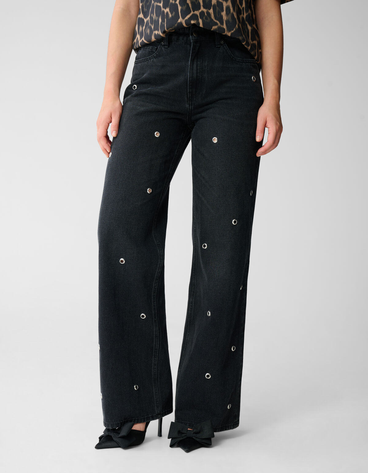 Eyelet Straight Fit Jeans Donkergrijs