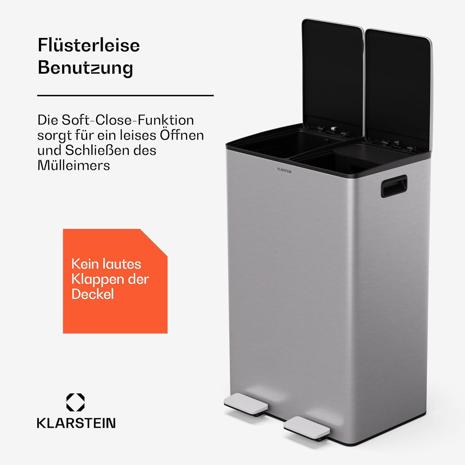 Klarstein EcoVista Mülleimer - 60L Abfalleimer mit 2 Fächern & 3L Kompostbehälter, Soft-Close, Edelstahl, Küchen-Abfalleimer, Mülltrennsystem