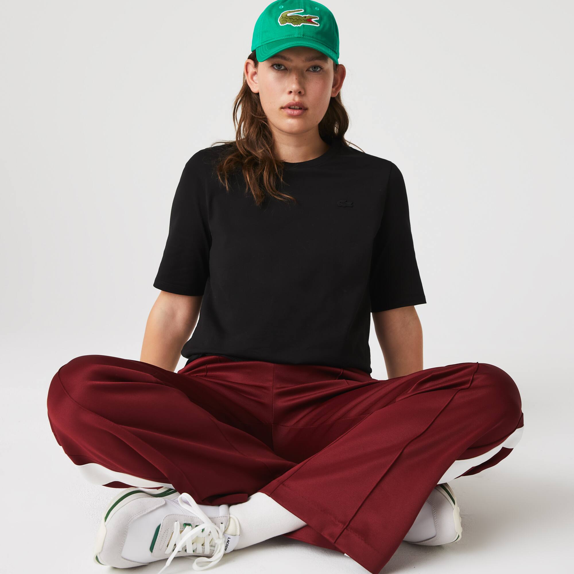 T-shirt à col rond et manches trois-quarts en coton uni T-Shirts - Noir - Lacoste - Femme