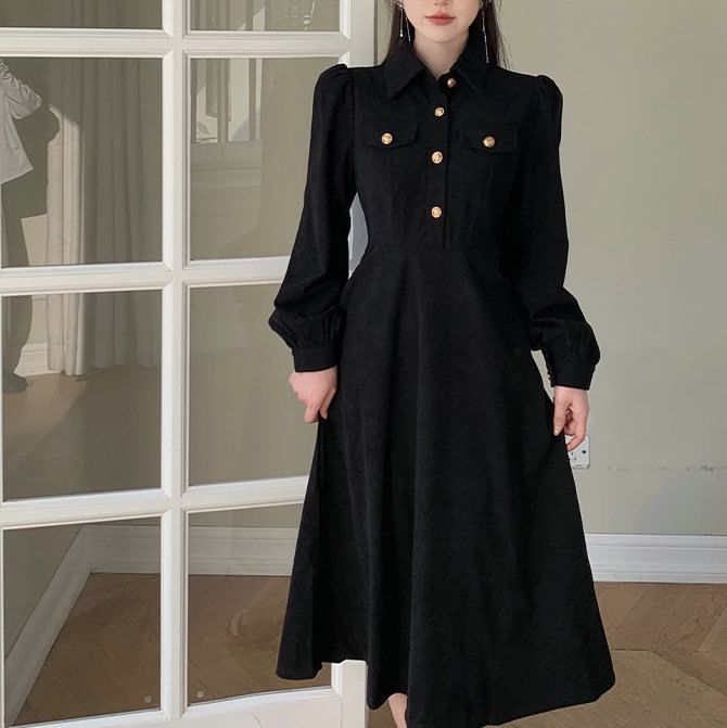 aistera - Lange mouwen, coltrui, effen corduroy midi-lijn jurk