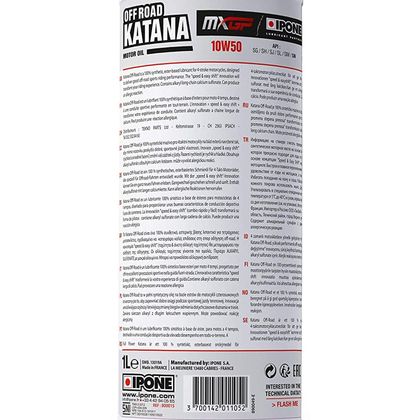 Huile moteur Ipone KATANA OFF-ROAD - 10W50 100% synthése - 1 LITRE Universel