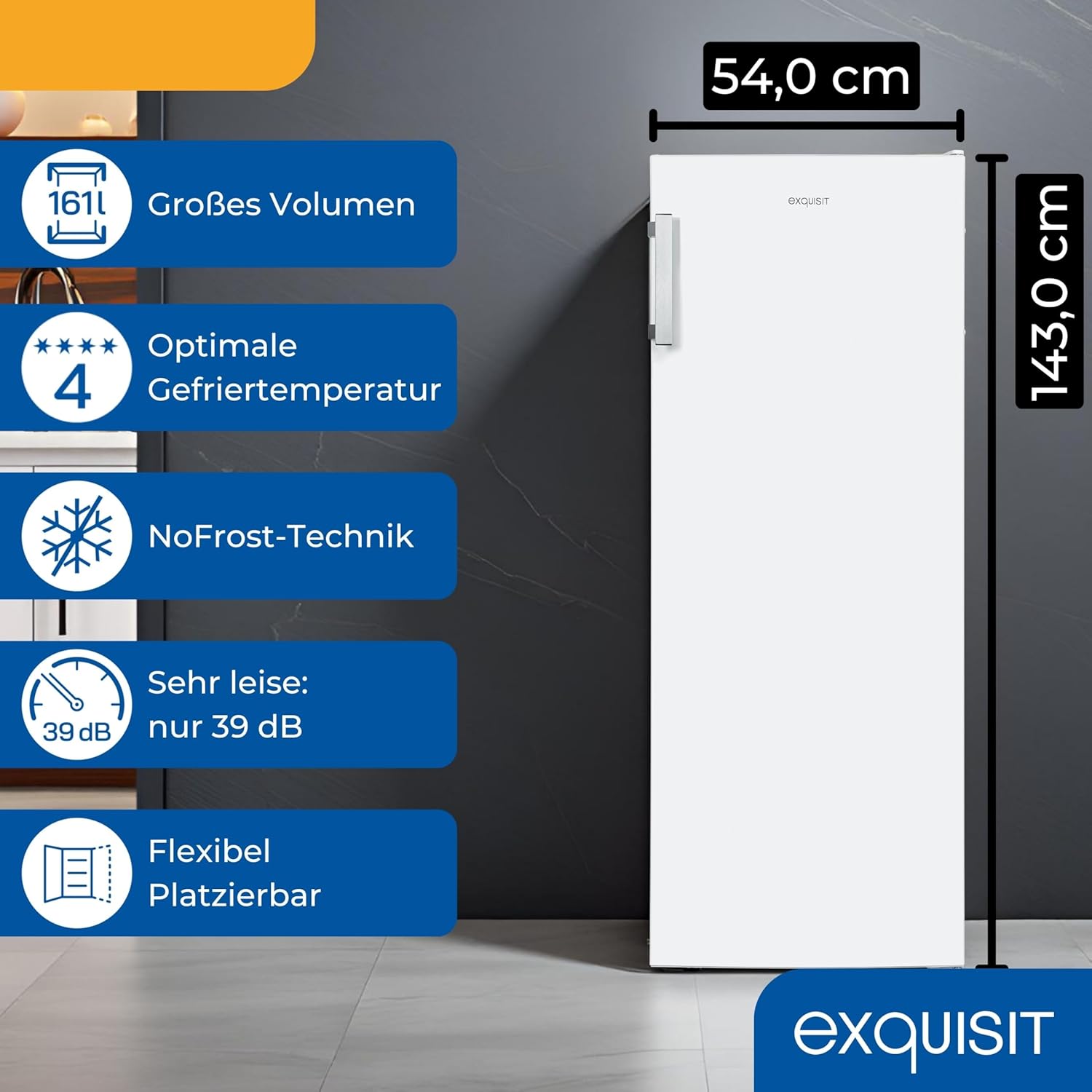 Exquisit Gefrierschrank | 161 l Nutzinhalt, Energieeffizienzklasse D, 39 dB(A) | NoFrost-Gefrieren, Schnellgefrieren, elektronische Temperaturregelung, Türalarm, hohe Bauform | GS5231-NF-H-040D weiss