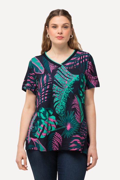 T-Shirt, Palmen, A-Linie, V-Ausschnitt, Halbarm