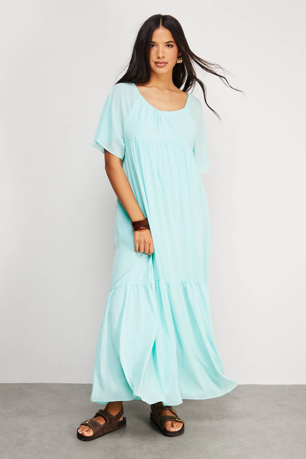 Warehouse Robe Midi Smock en Mousseline à Volants Étagés