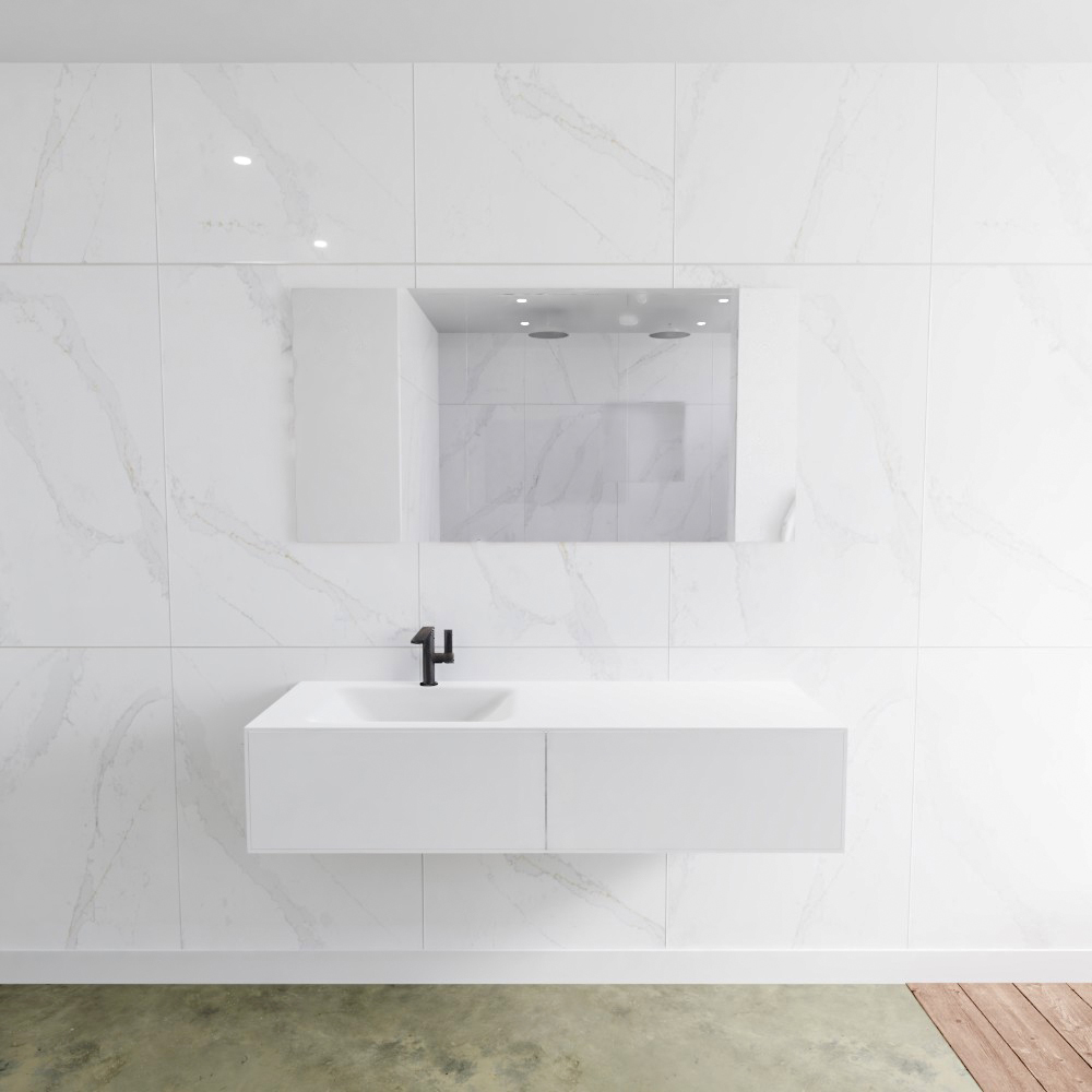 SCHADEMODEL: Zaro Lagom volledig naadloos solid surface onderkast 140cm mat wit met 2 lades Push tot open. Compleet met solid surface wastafel met 1 kraangat(en)