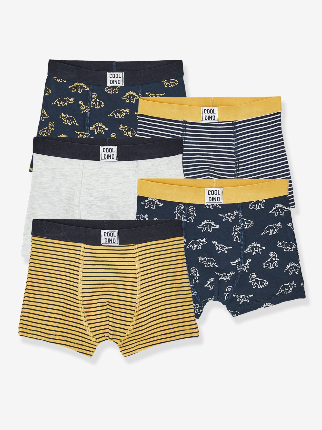 Pacote com 5 cuecas boxer elásticas para meninos, estampa de dinossauro azul escuro