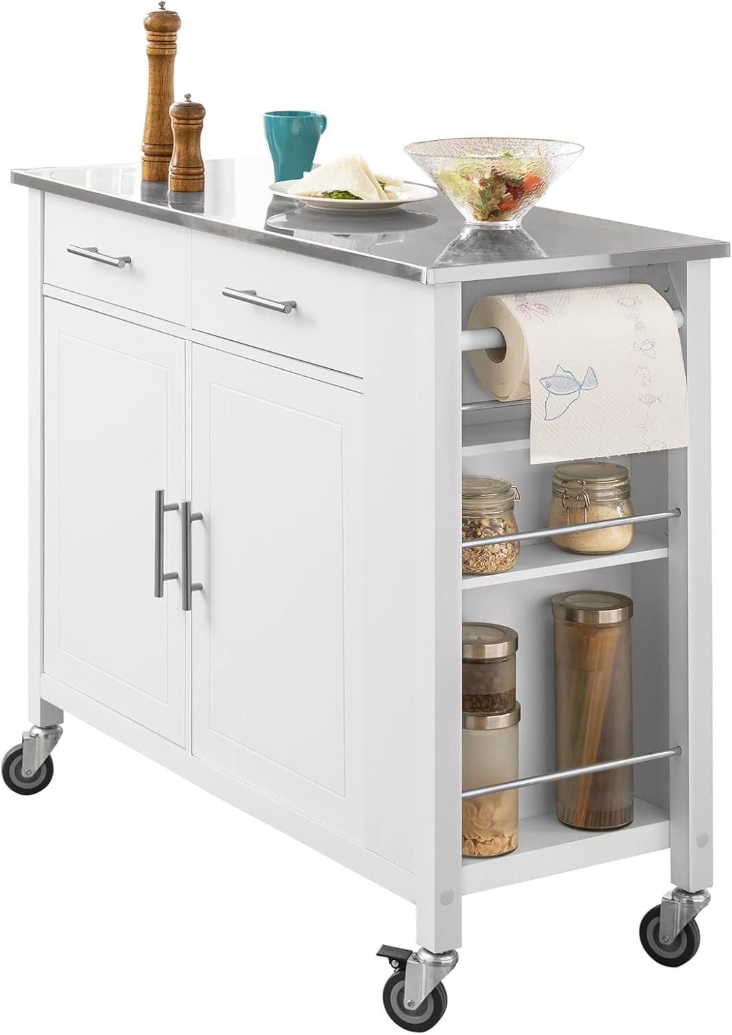 SoBuy Küchenwagen mit Edelstahlplatte Rollwagen mit Seitenregal, Sideboard, Kücheninsel, Küchenschrank & Servierwagen auf Rollen, Mobiler Trolley für Küchenorganisation Weiß, 107x94x46 cm FKW108-W