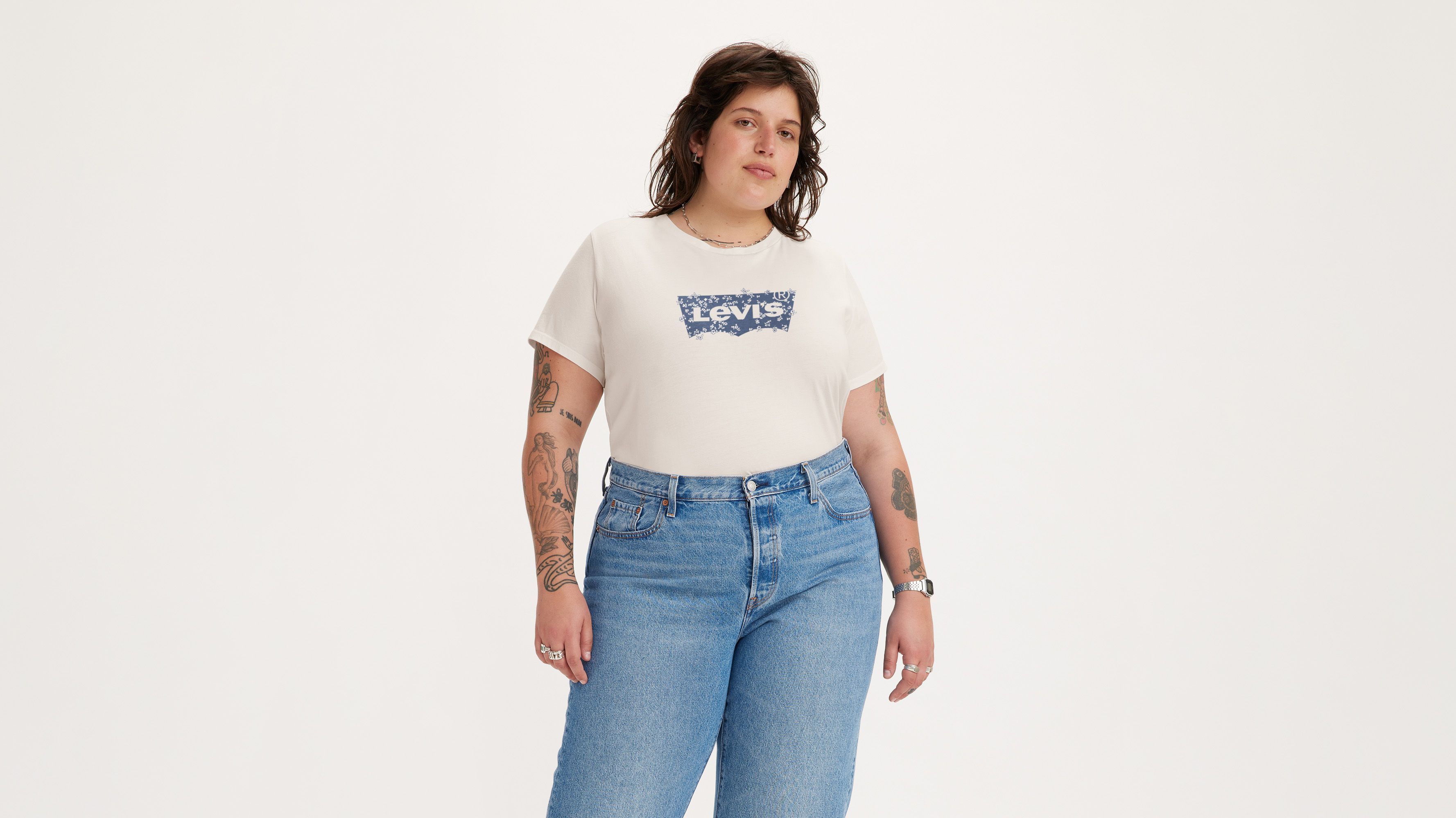 T-shirt Perfect logo (grandes tailles) - Plus Batwing Mara Floral Fill Egret - Blanc