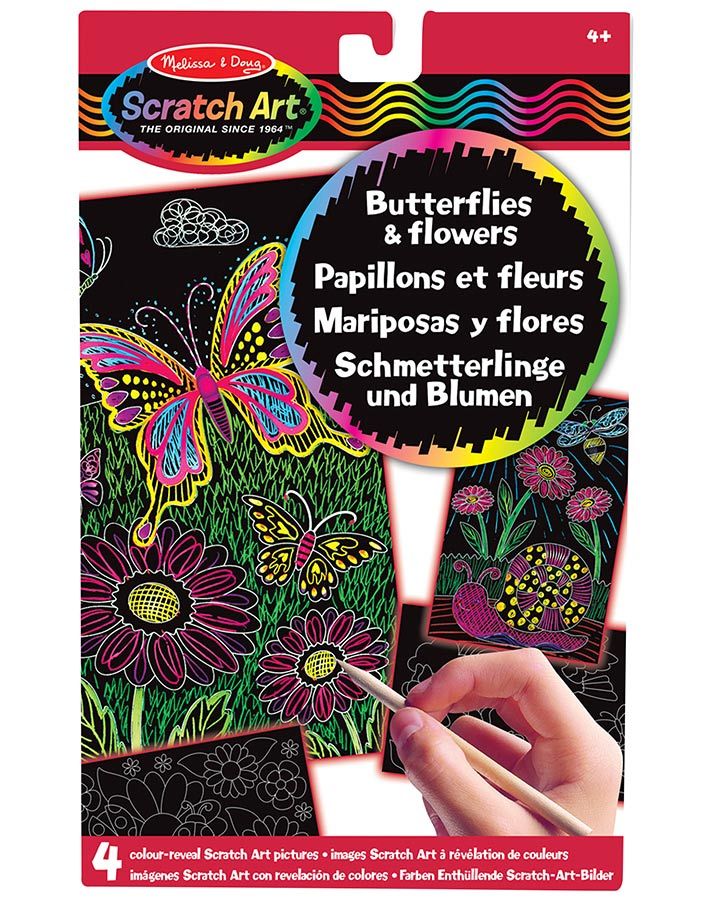Kratzbild Scratch Art® – SCHMETTERLINGE & BLUMEN mit Holzstift