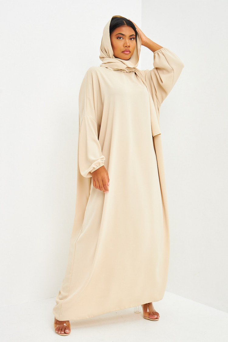 Abaya beige ample avec voile intégré