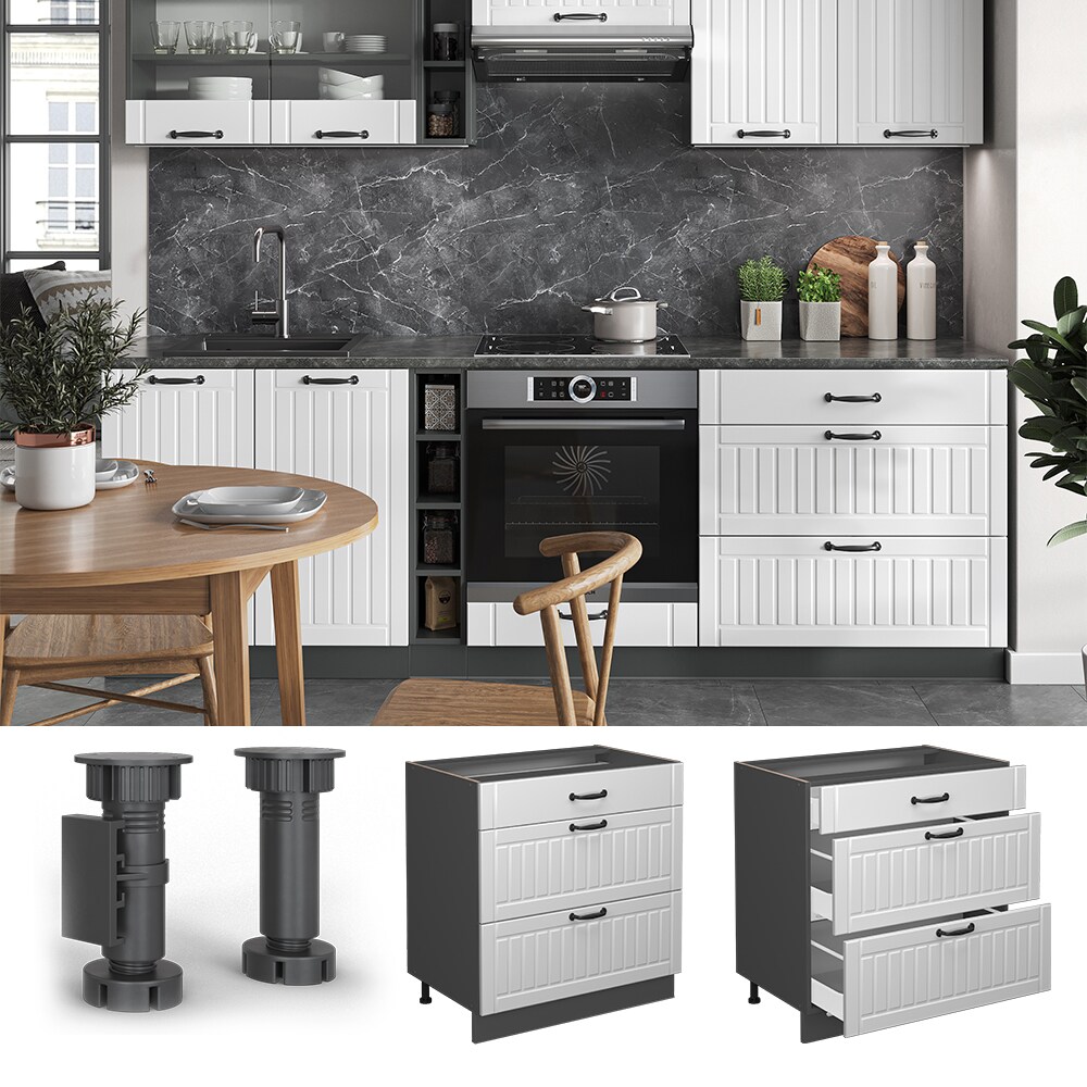 Vicco Schubladenunterschrank Küchenschrank Küchenmöbel Fame-Line Landhaus Anthrazit Weiß 80 cm Küche Einbauküche Drehtür Blende Schublade Küchenunterschrank Küchenzeile
