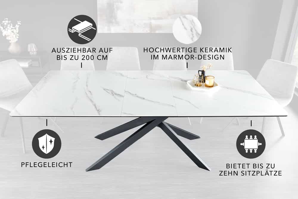 Ausziehbarer Esstisch ALPINE 160-200cm weiß Keramik Marmor schwarzes Metallgestell
