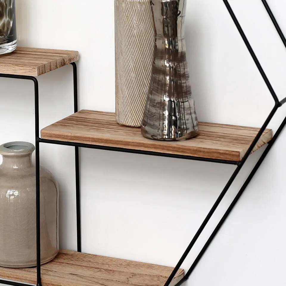 Zwart metalen wandrek met 3 houten plankjes - Zeshoek - 48x55x10 cm