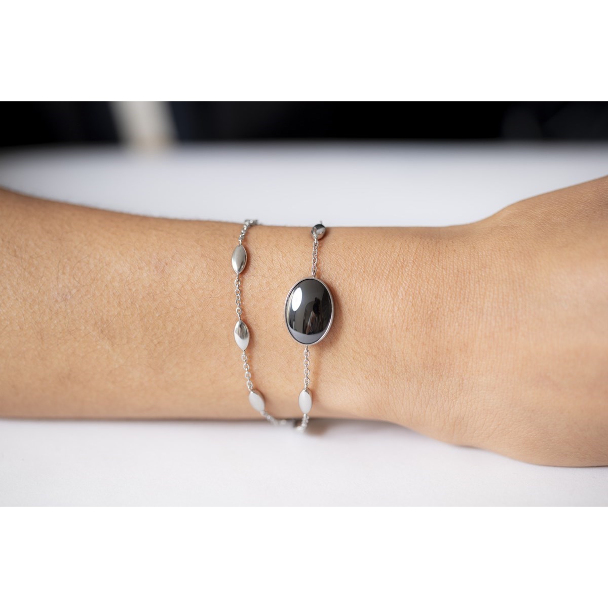 Bracelet souple mono-motif en Acier 316L et céramique - blanc brillant