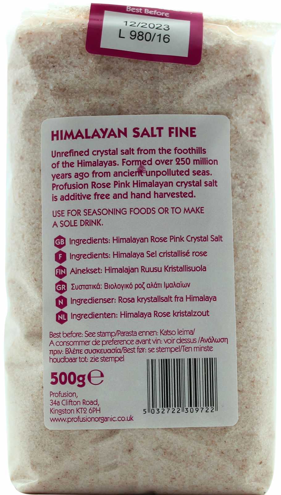 Sal rosa do Himalaia orgânico fino Profusion 500g