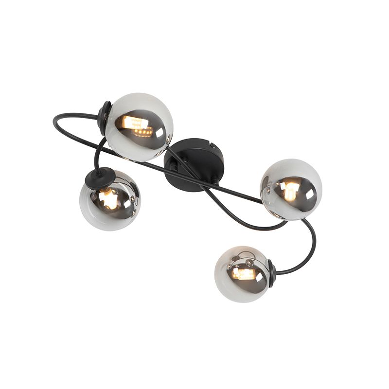 Moderne plafondlamp zwart 4-lichts met smoke glas - Athens
