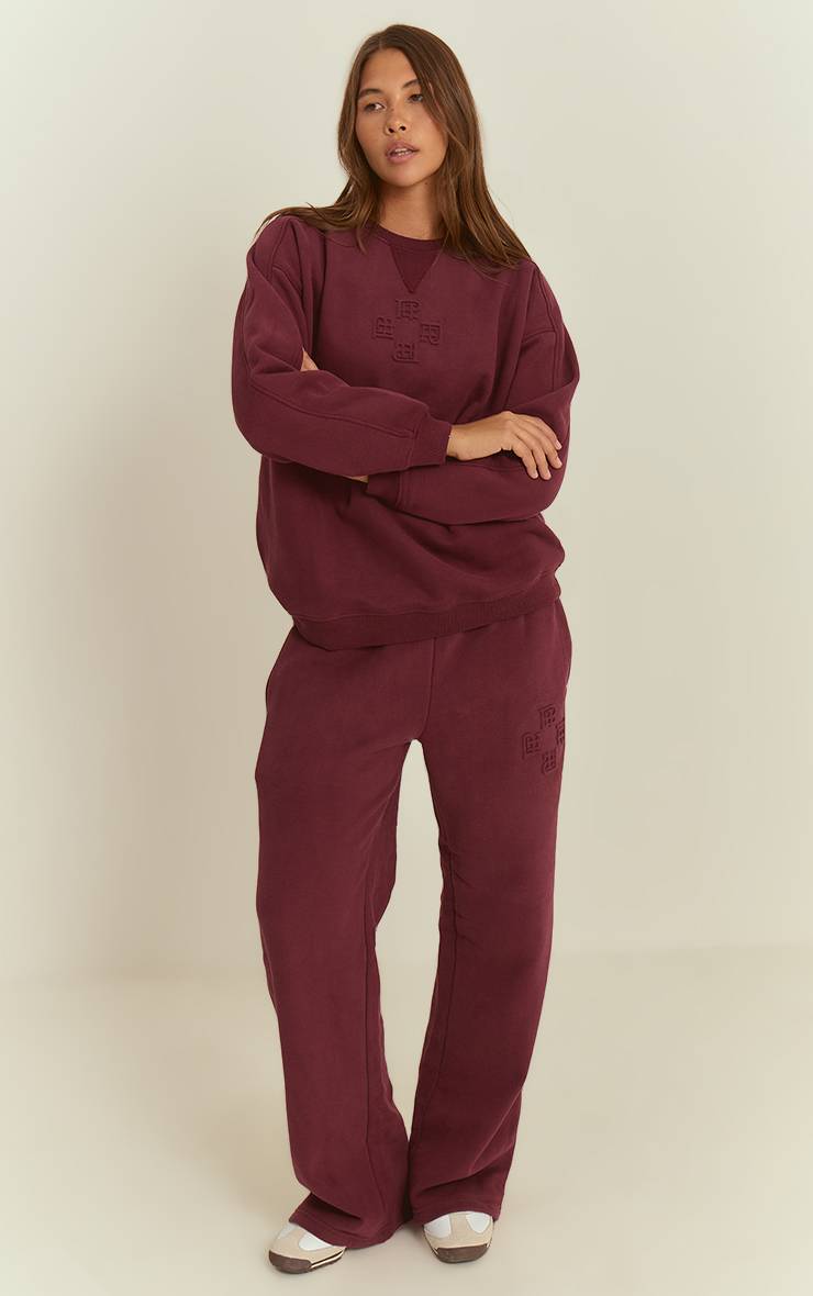 Rouge Vin Jogging Large À Jambes Évasées Avec Broderie Plt