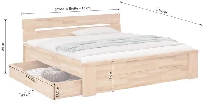 Tamira Massivholzbett Doppelbett 140x200 cm Kernbuche geölt mit Schubladen Stauraum Natur Komforthöhe Parkettverleimt, Belastbarkeit: 160 kg, Bettgestell