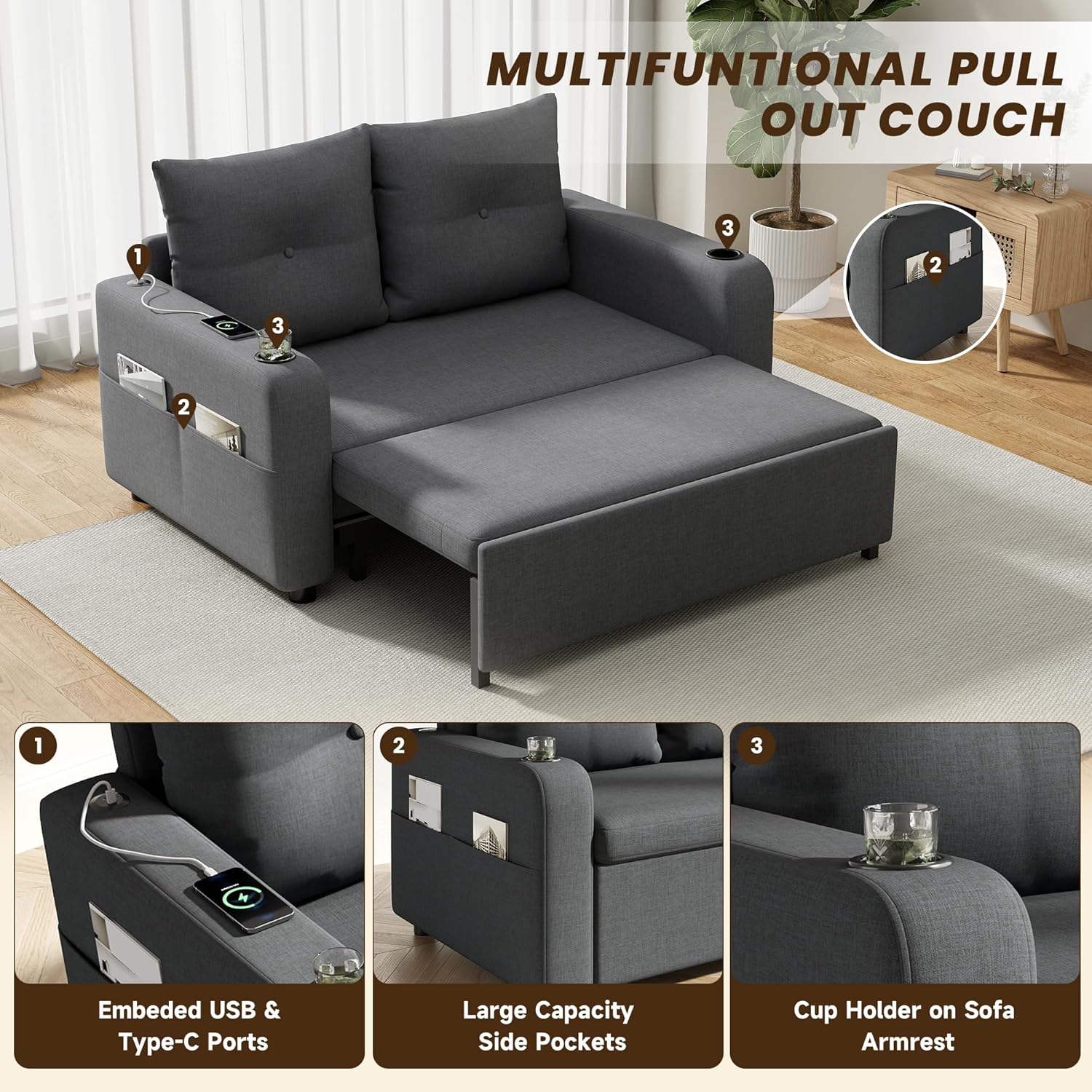 Bladez 3-in-1 Schlafsofa ausziehbar – 2-Sitzer Sofa Bett mit Liegefunktion, Getränkehaltern, USB- & Type-C-Anschluss, Seitentaschen & Kissen, modernes Doppelsofa für Wohnzimmer & Schlafzimmer, Grau