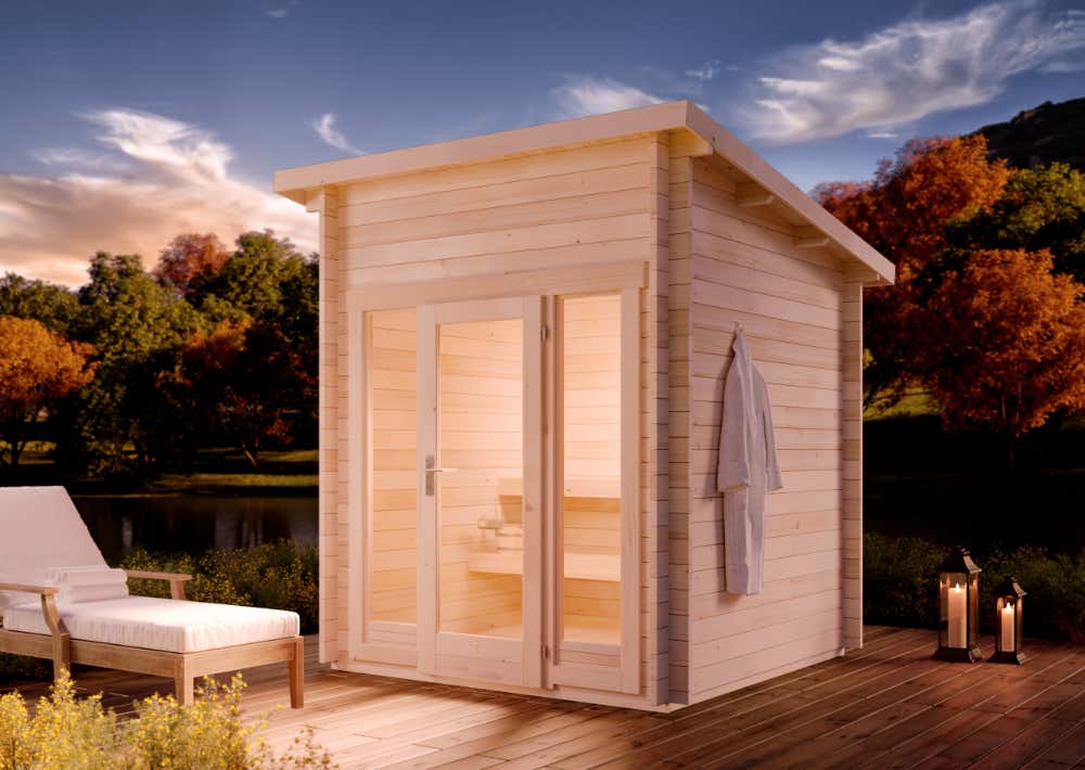 FinnTherm Lizzy XXS Tuinsauna met 2 houten banken, 40 mm dikke wanden, buitensauna met montagemateriaal, natuurlijke afwerking