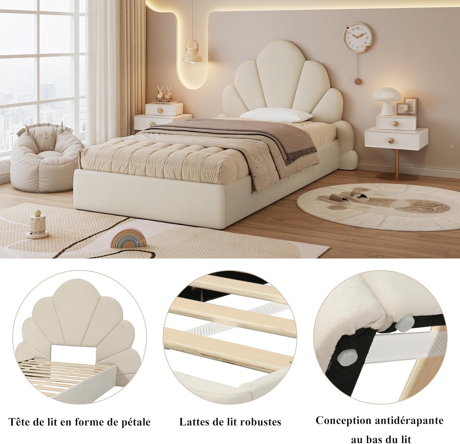 I0I&I0I Einzelbett Polsterbett Samt Beige, Kinderbett Jugendbett mit Kopfteil Blütenblätter, Stabiler Lattenrost, Metallrahmen, Modern Stilvoll rutschfest Einfacher Aufbau (90x200cm)