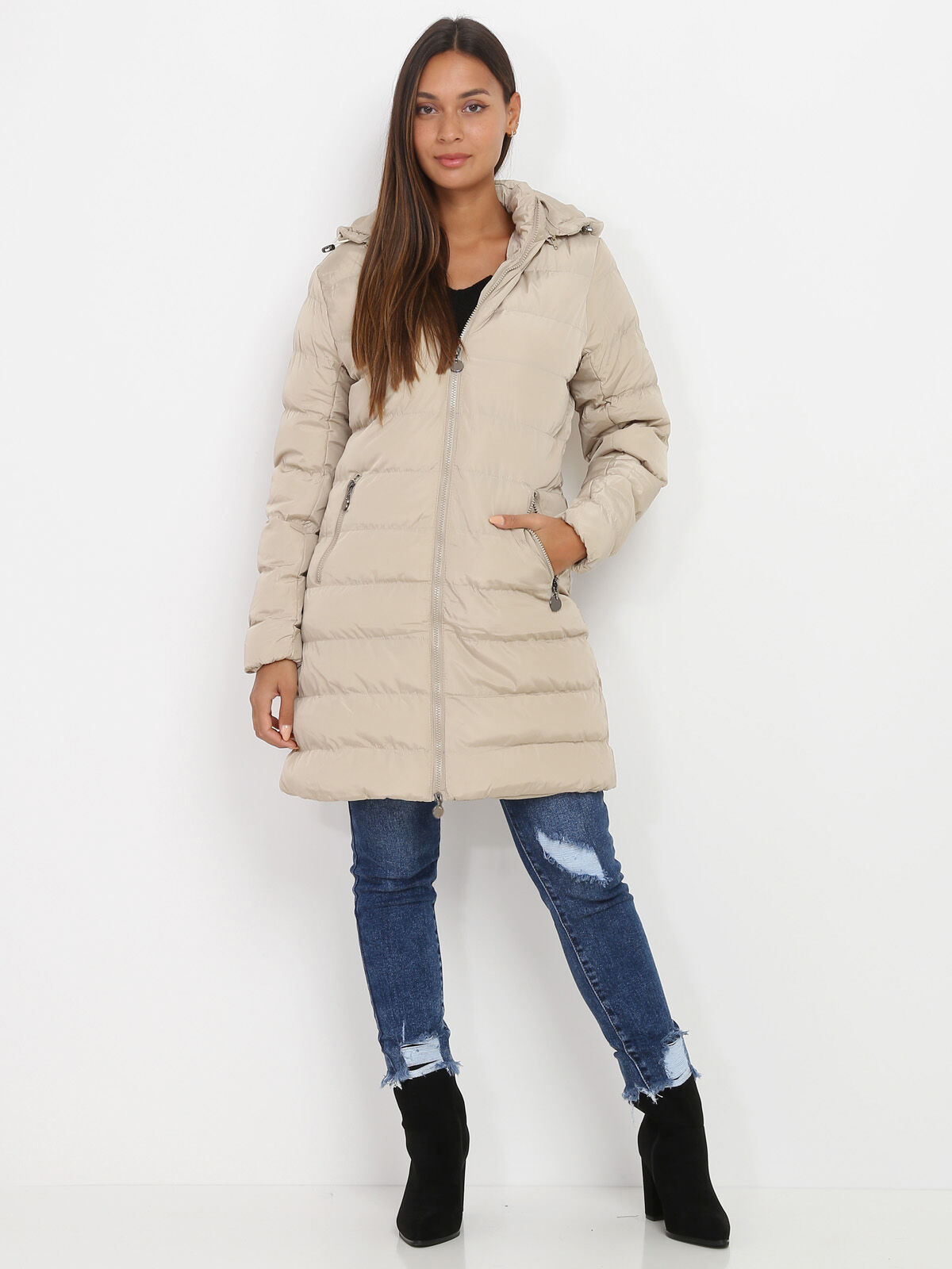 Manteau mi-long matelassé à capuche- Beige