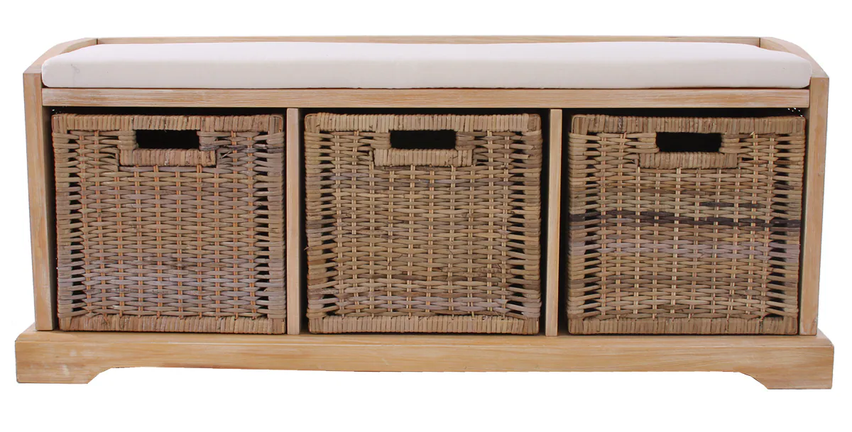 Sitzbank Adana, Aufbewahrungsbox, 3 Körbe, Kubu-Rattan-Geflecht, 112x46x37cm ~ hell