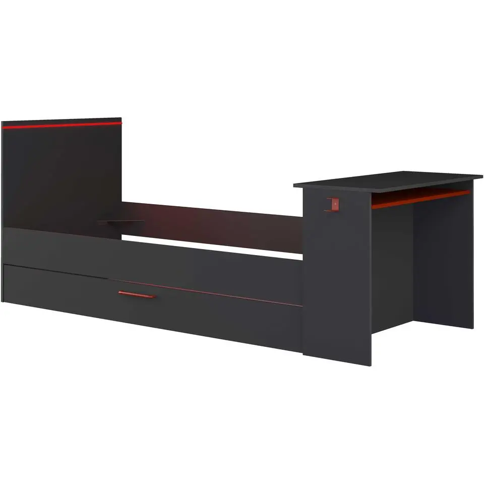 Bed Bzone 90x200 cm met bedlade, bureau en ledverlichting - antraciet