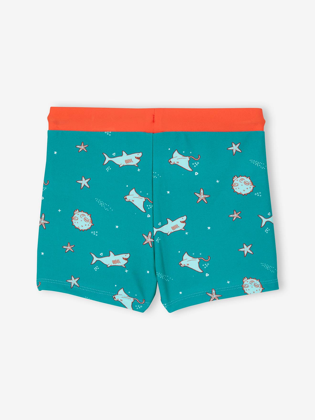 Calção de banho boxer verde esmeralda com estampa marinha para meninos