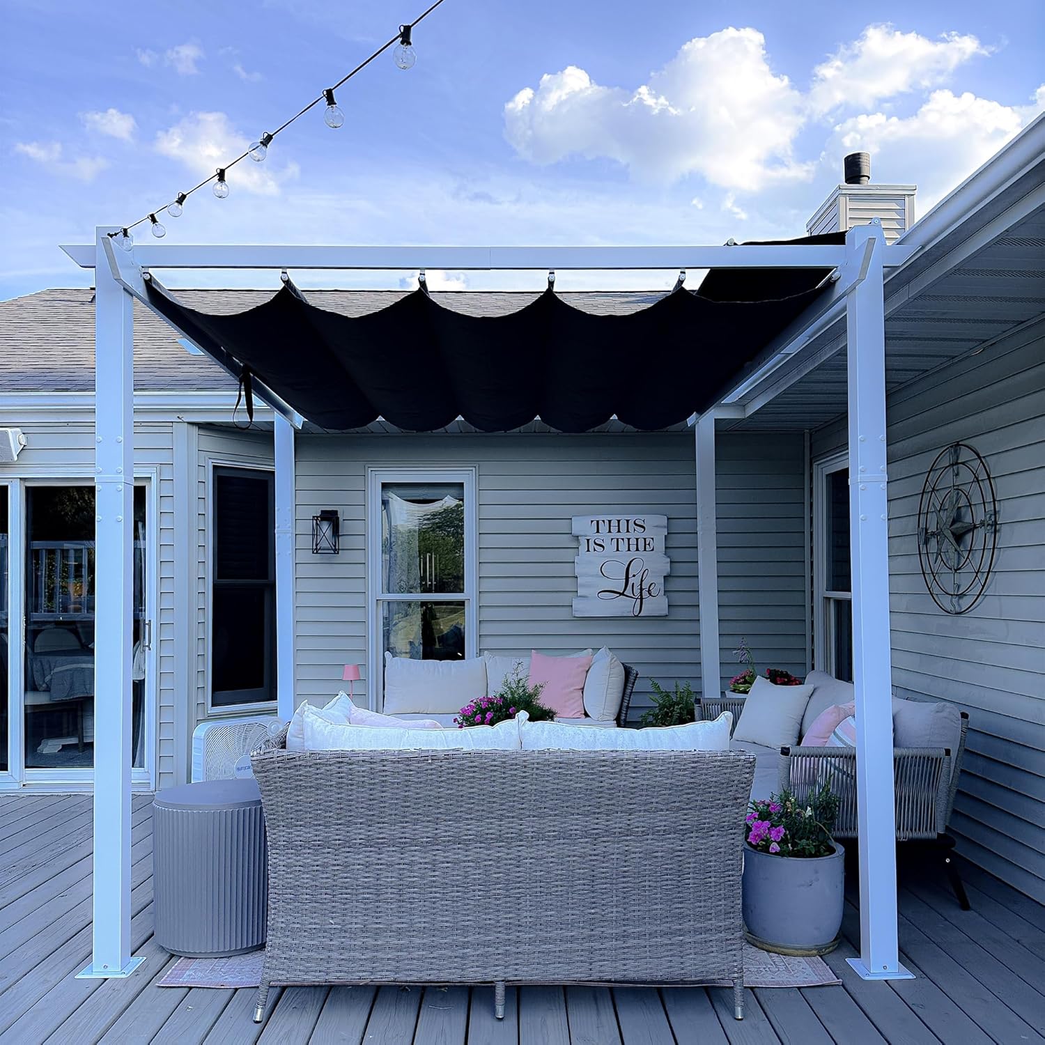 PURPLE LEAF Pergola 3 x 3 m aus Weiß Rahmen, Pavillon Aluminium Pergola Sonnenschutz Überdachung mit Einziehbarem Dach, Terrasse Pergola mit Markisenschutz, UV Beschattung, Grau