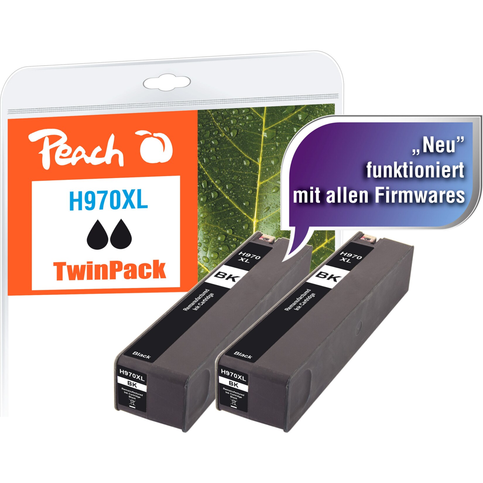 Peach HP 970 XLbk 2 Druckerpatrone XL 2*bk ersetzt HP No. 970XL bk*2, CN625A*2 für z.B. HP OfficeJet Pro X 450, HP OfficeJet Pro X 451 dn (wiederaufbereitet)
