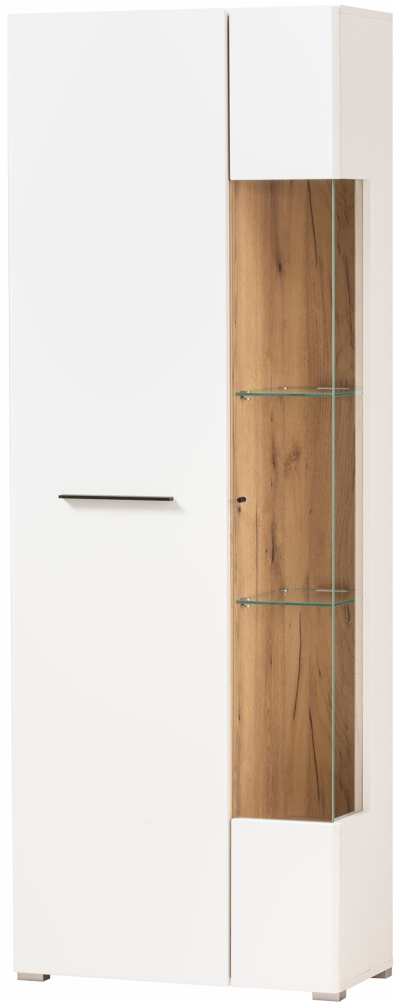 INOSIGN Vitrine »Salerno Hochschrank, Glasvitrine, Weiss mit Eiche Evoke Dekor, modern.« Metallgriffe, ausreichend Stauraum, vielseitig einsetzbar, 72 cm breit