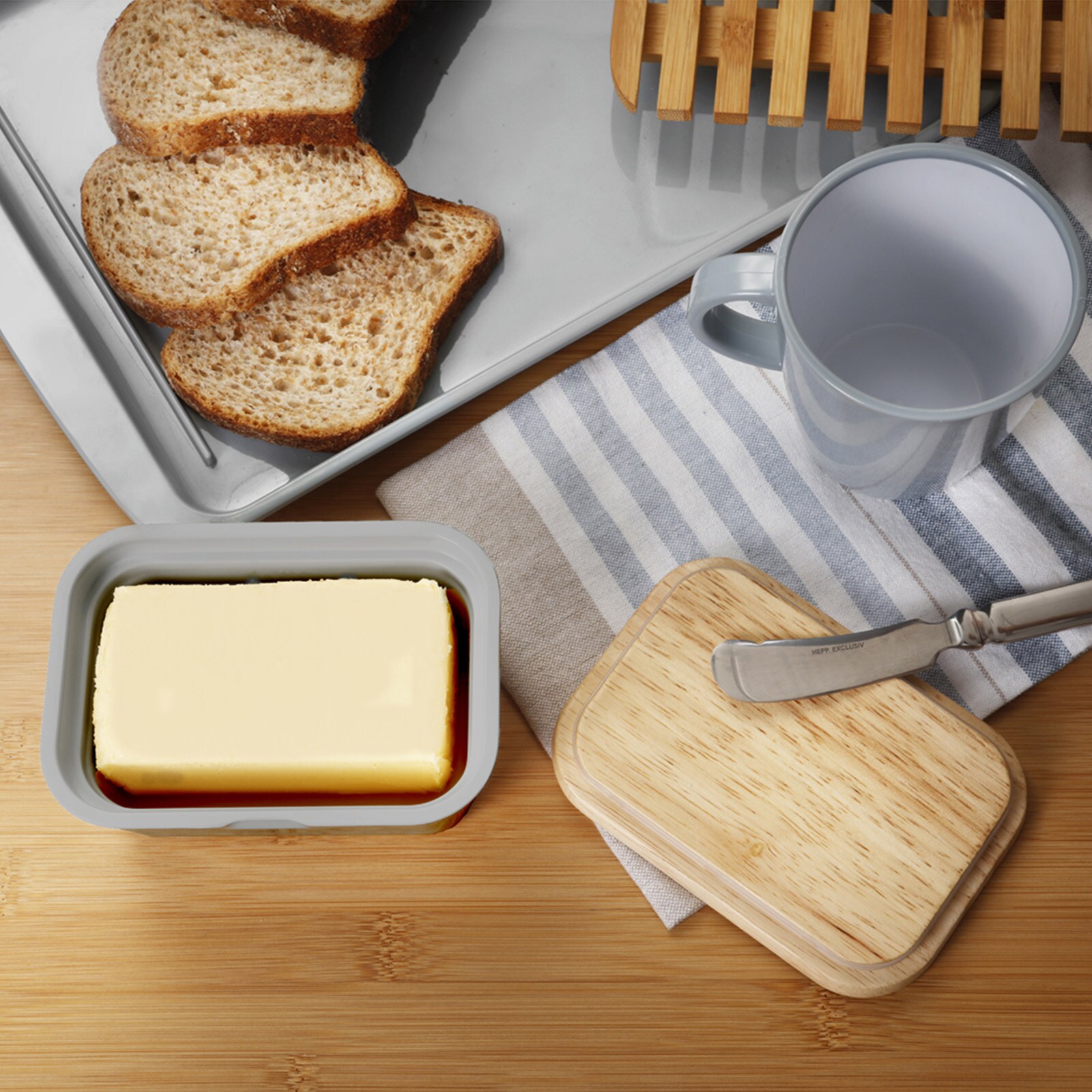 BRUNNER Melamin Butterdose Butter Schale Behälter Holz Brett Deckel Eckig Farbe: Grau