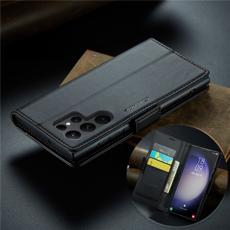 Samsung Galaxy S24 Ultra Leder Tasche Flip Wallet Etui mit Kartenfächern Litchi Look (RFID Schutz) - Schwarz