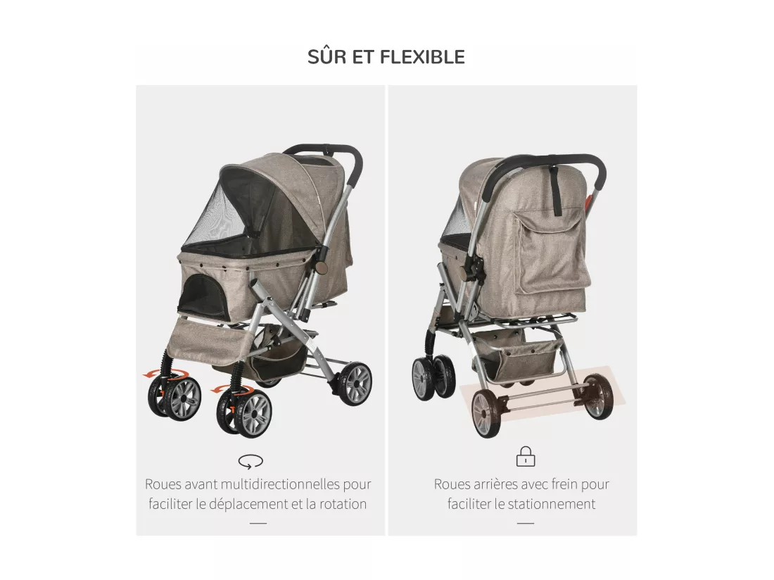 Poussette buggy pliable chien chat panier et sac de rangement attaches sécurité housse réglable poignée réversible acier Oxford marron chiné noir